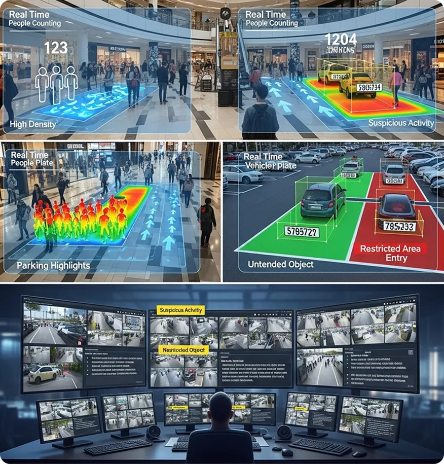 Factory floor with PPE detection using AI overlay